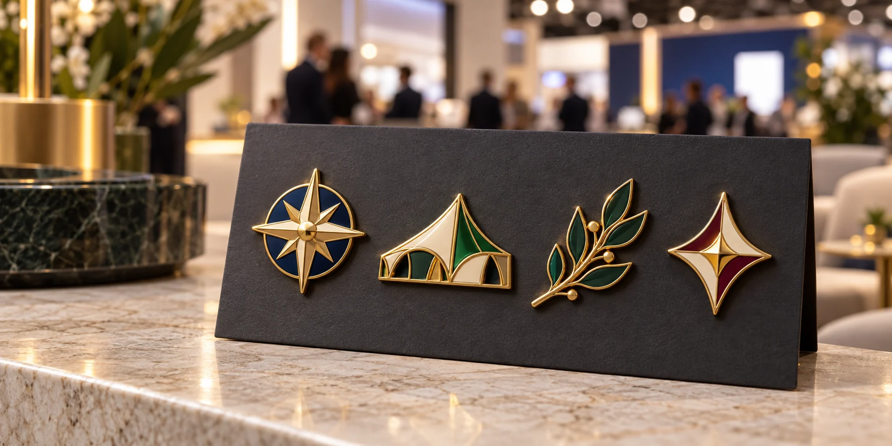 Cuatro pines esmaltados personalizados coordinados como una colección para eventos