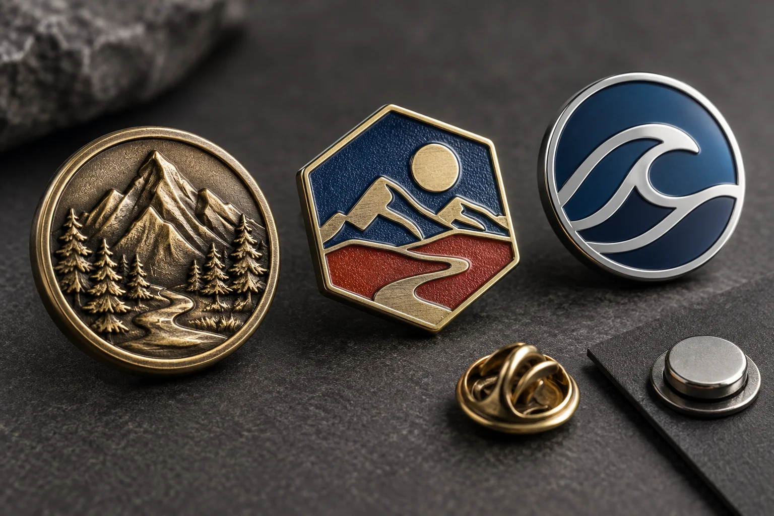 Detalle de insignias metálicas con relieve, esmalte y cierres metálicos