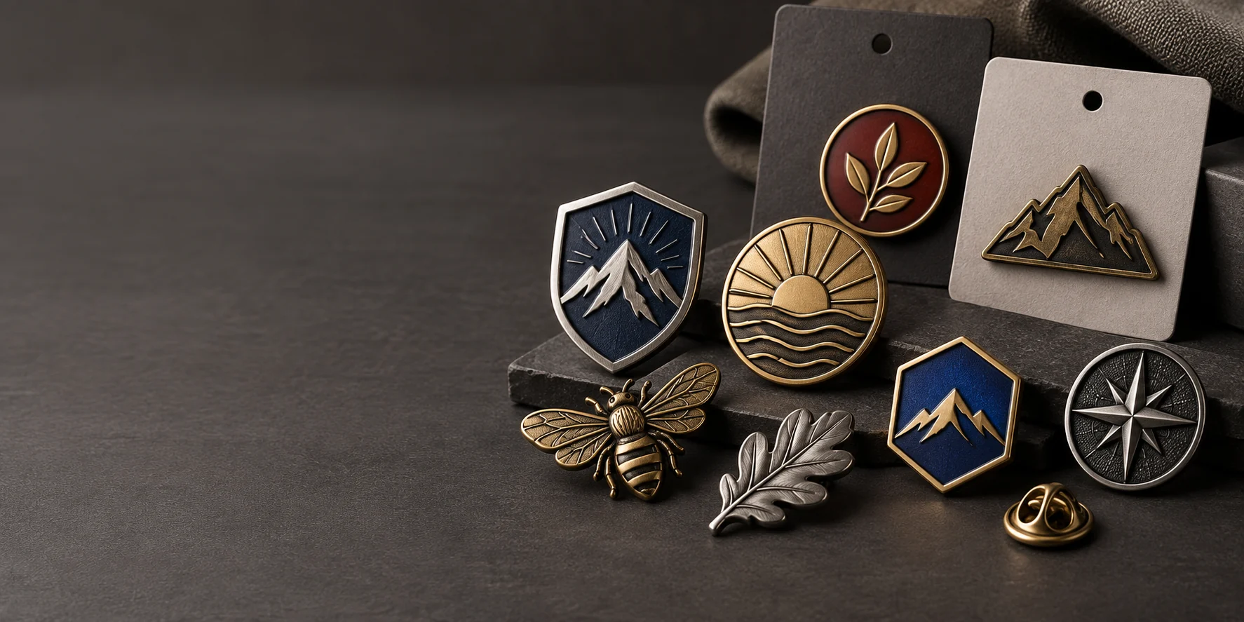 Colección de insignias metálicas y pines esmaltados personalizados con relieve y distintos acabados