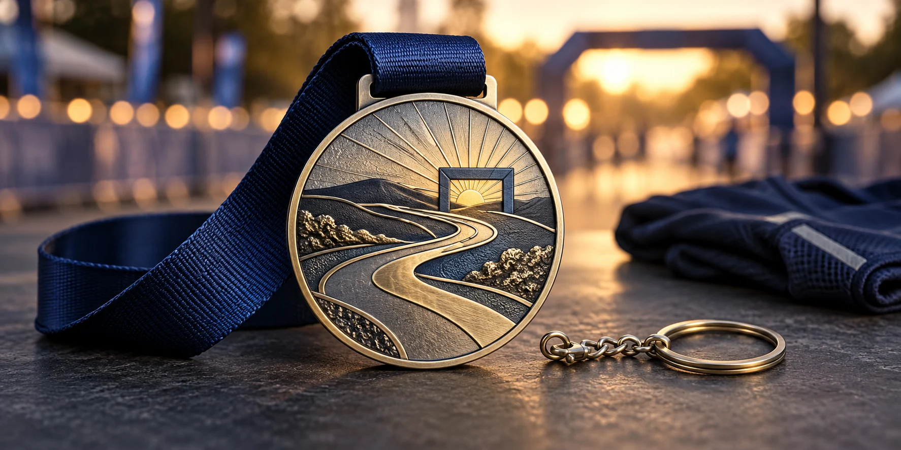 Medalla finisher metálica con relieve de una ruta y cinta azul