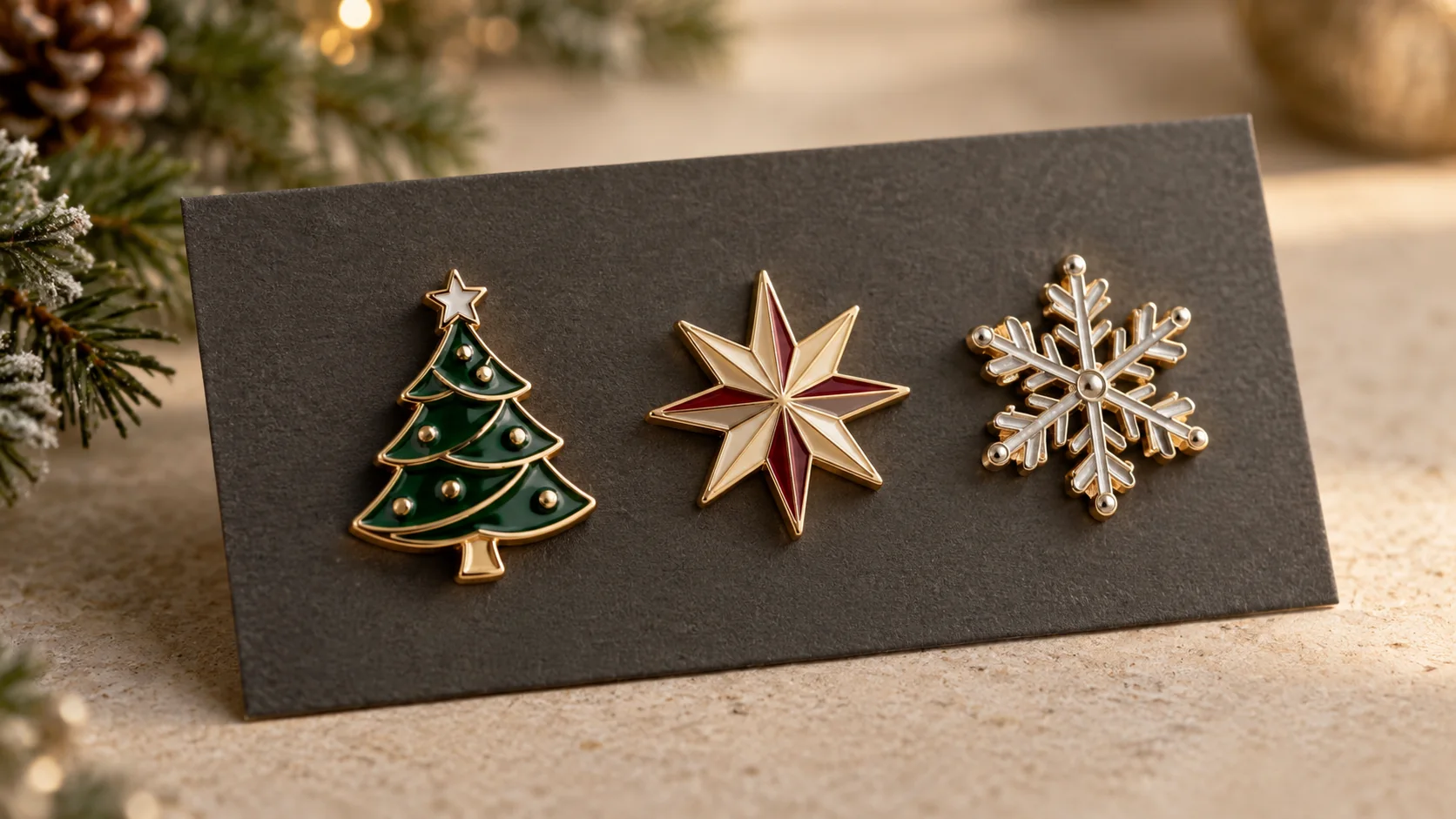 Pines navideños personalizados para empresas: árbol esmaltado, estrella y copo de nieve