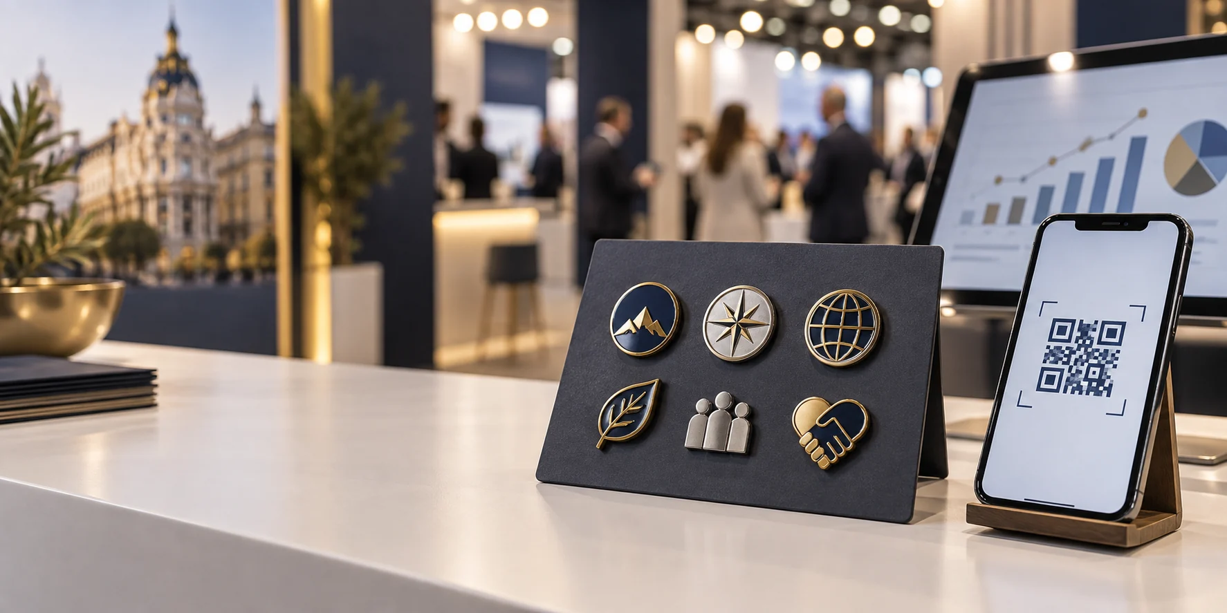 Pines metálicos en un stand con un móvil QR y un panel de resultados